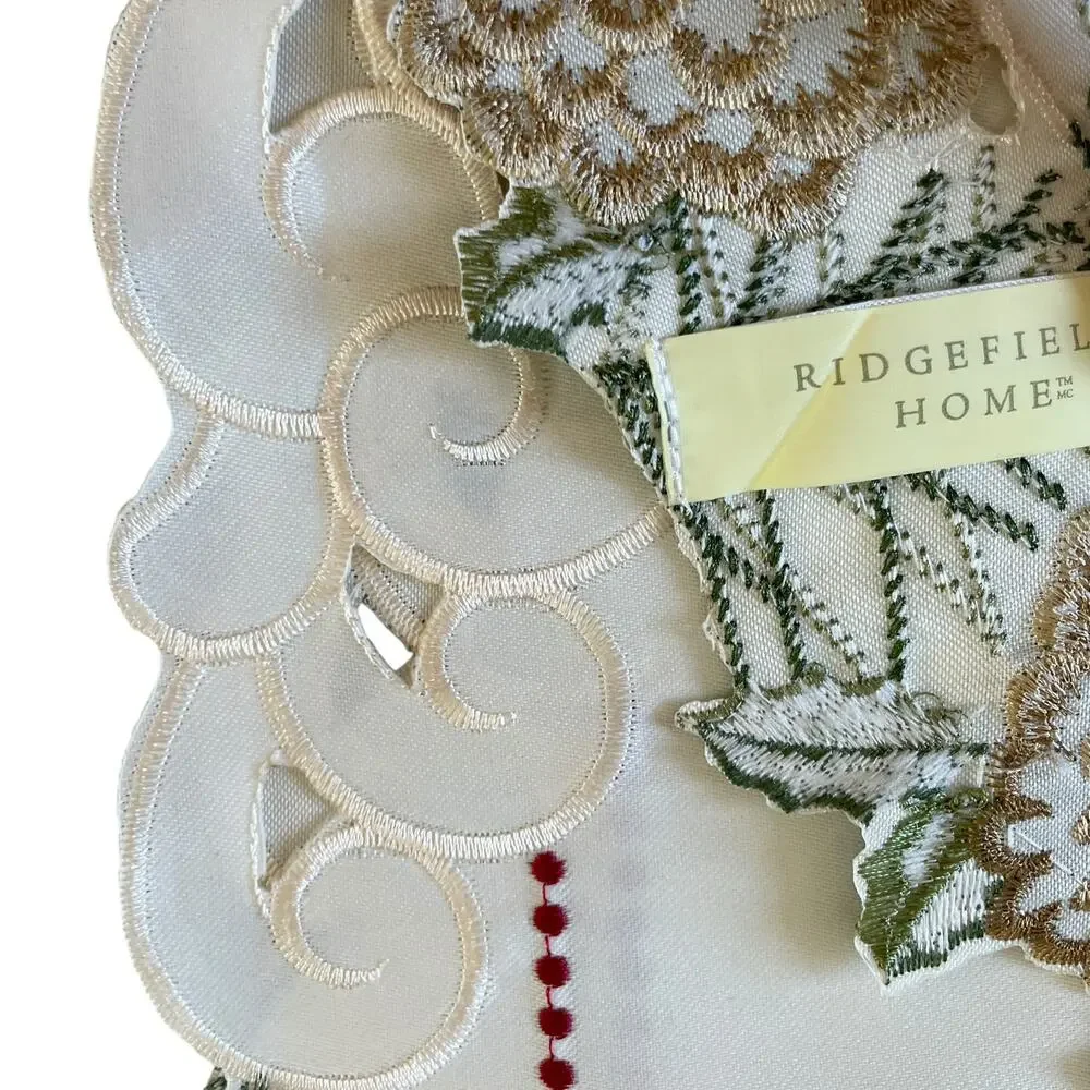 Ridgefield Home Embroidered Christmas Table Runner 14x72 Pine Cones Holly Berry